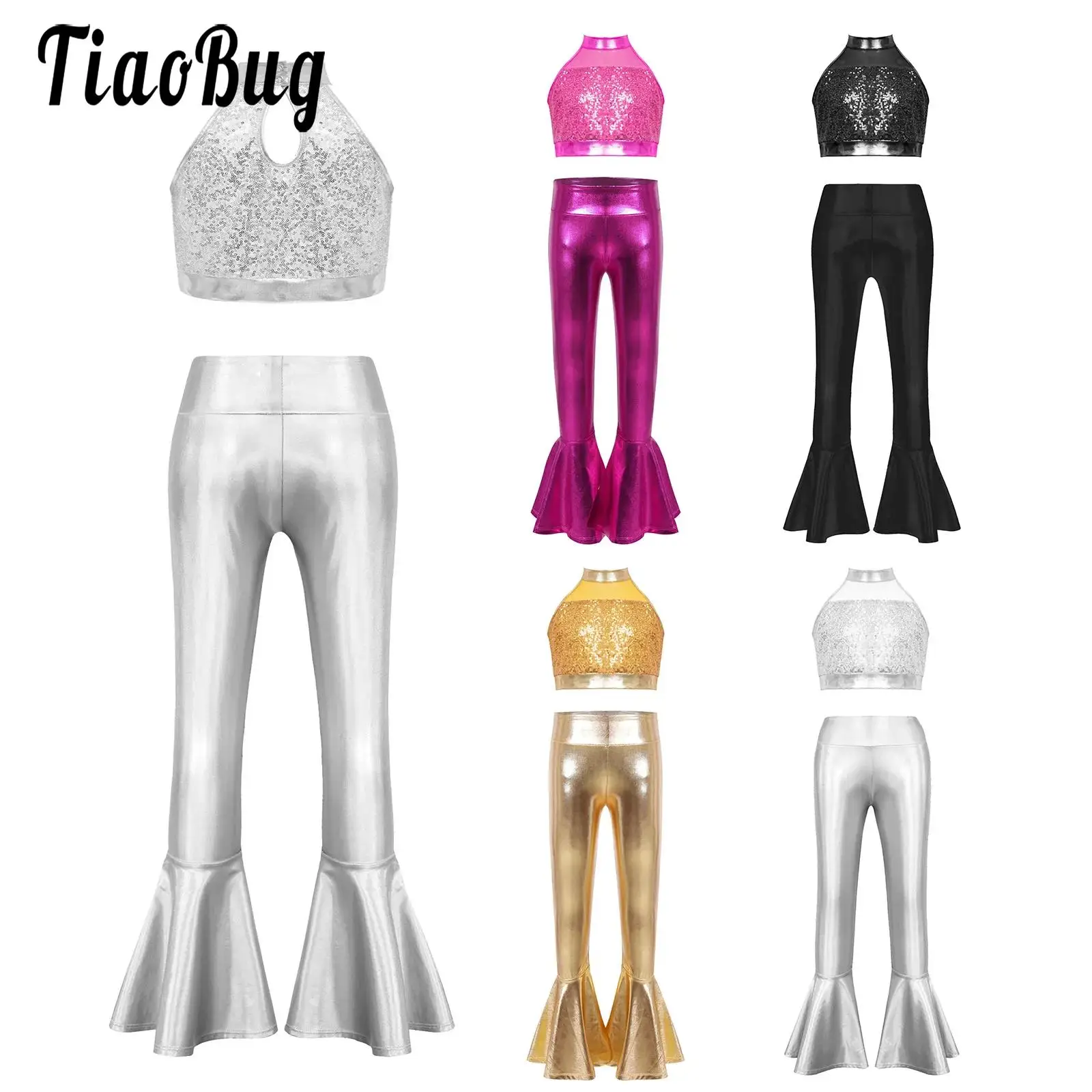 

Kids Girls Jazz Samba Dance Performance Costume Cheerleader Outfits Sleeveless Sparkly Sequins Crop Top with Bell-bottom Pants