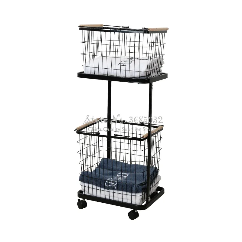 Double layer Cloth Storage Baskets Rack Bathroom Floor Stand Clothing Storage Sundries Iron Laundry Storage Basket with wheel