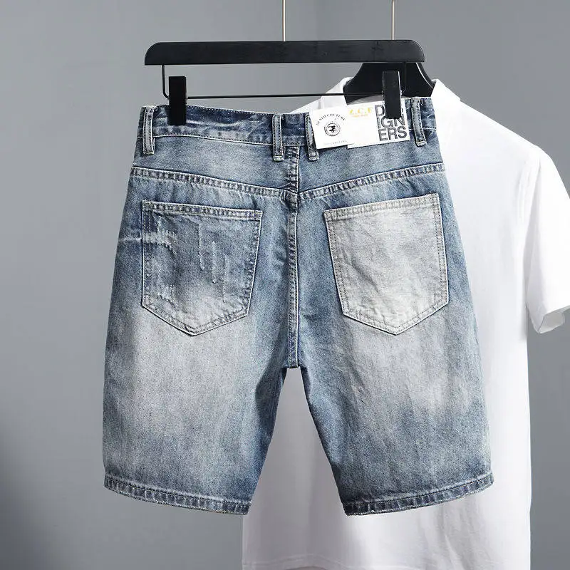 Multi Pocket Patchwork Denim Shorts American Casual Fashion Summer Washed Frayed Men's Color Contrasting Safari Style Shorts