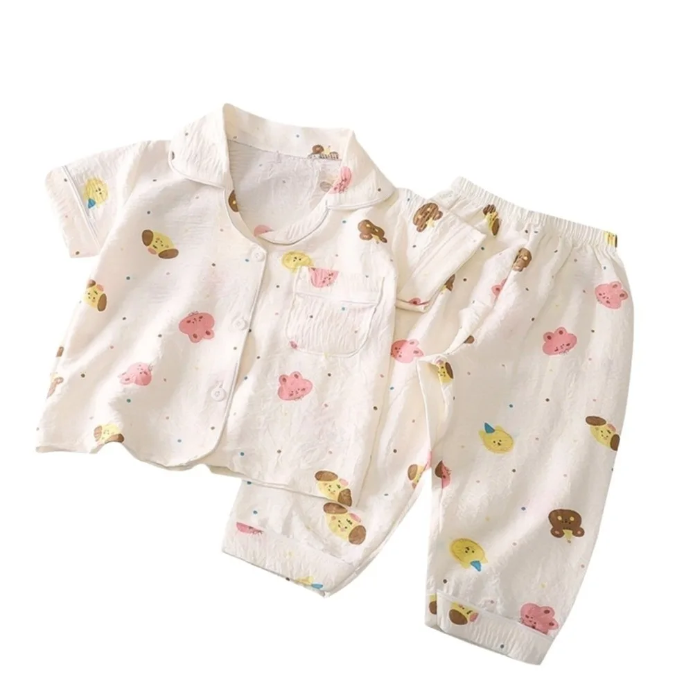 Pure Cotton Children's Pajama Set Short Sleeve Long Pants Air Conditioning Clothing Breathable Thin Fabric Set Summer
