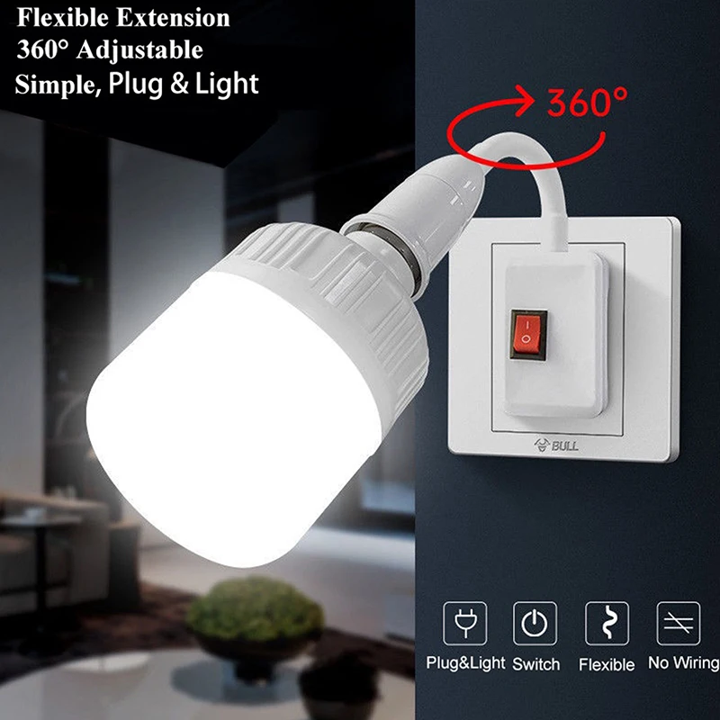US Plug E27 Lamp Base Conversion LED Light Wall Flexible Lamp Holder Converter With Switch LED Head Bulb Socket