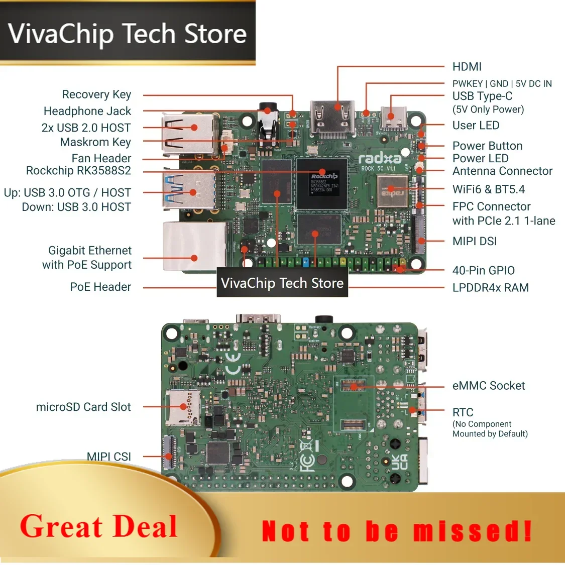 VivaChip TechRadxa ROCK 5C RK3588S2, Radxa ROCK 5C Lite RK3582, Single Board Computer