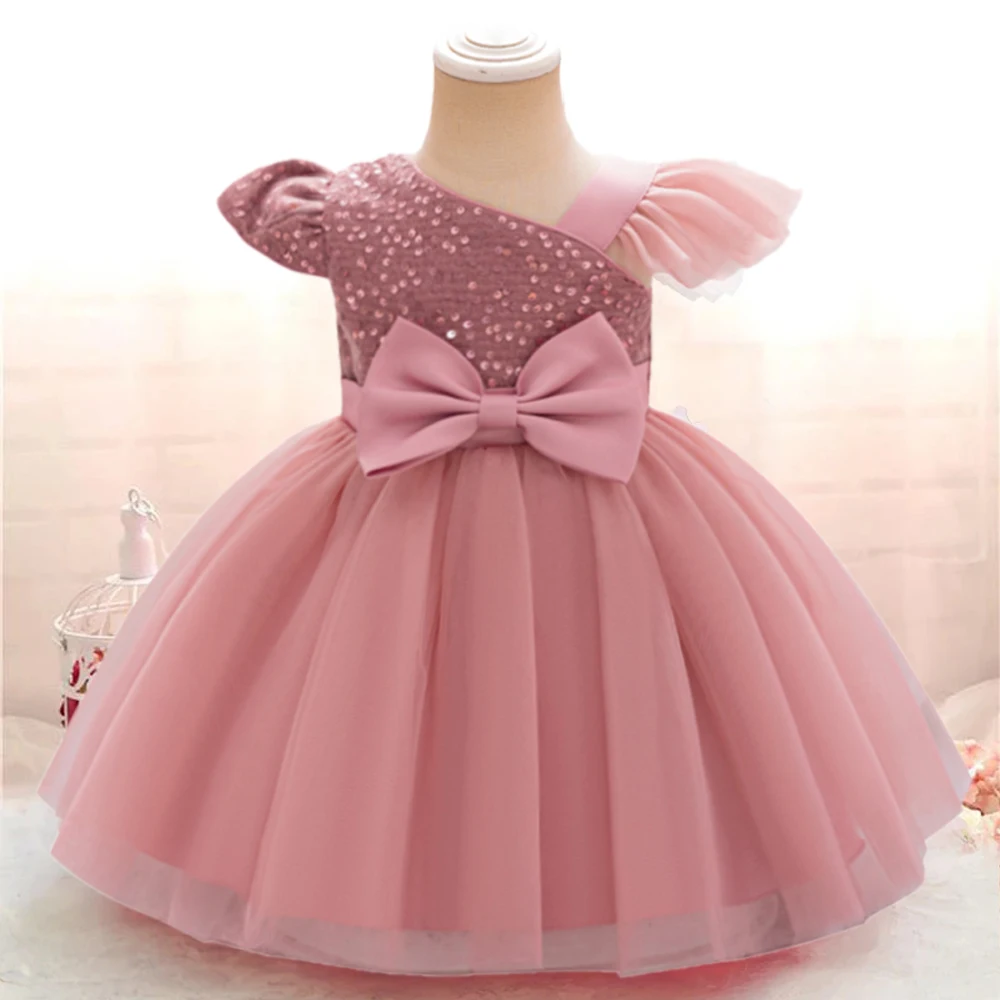 Baby Sequin Bow Dresses for Girl Christmas Fly Sleeves Wedding Party Princess Dress Kids Inafnt 1st Birthday Formal Gala Costume