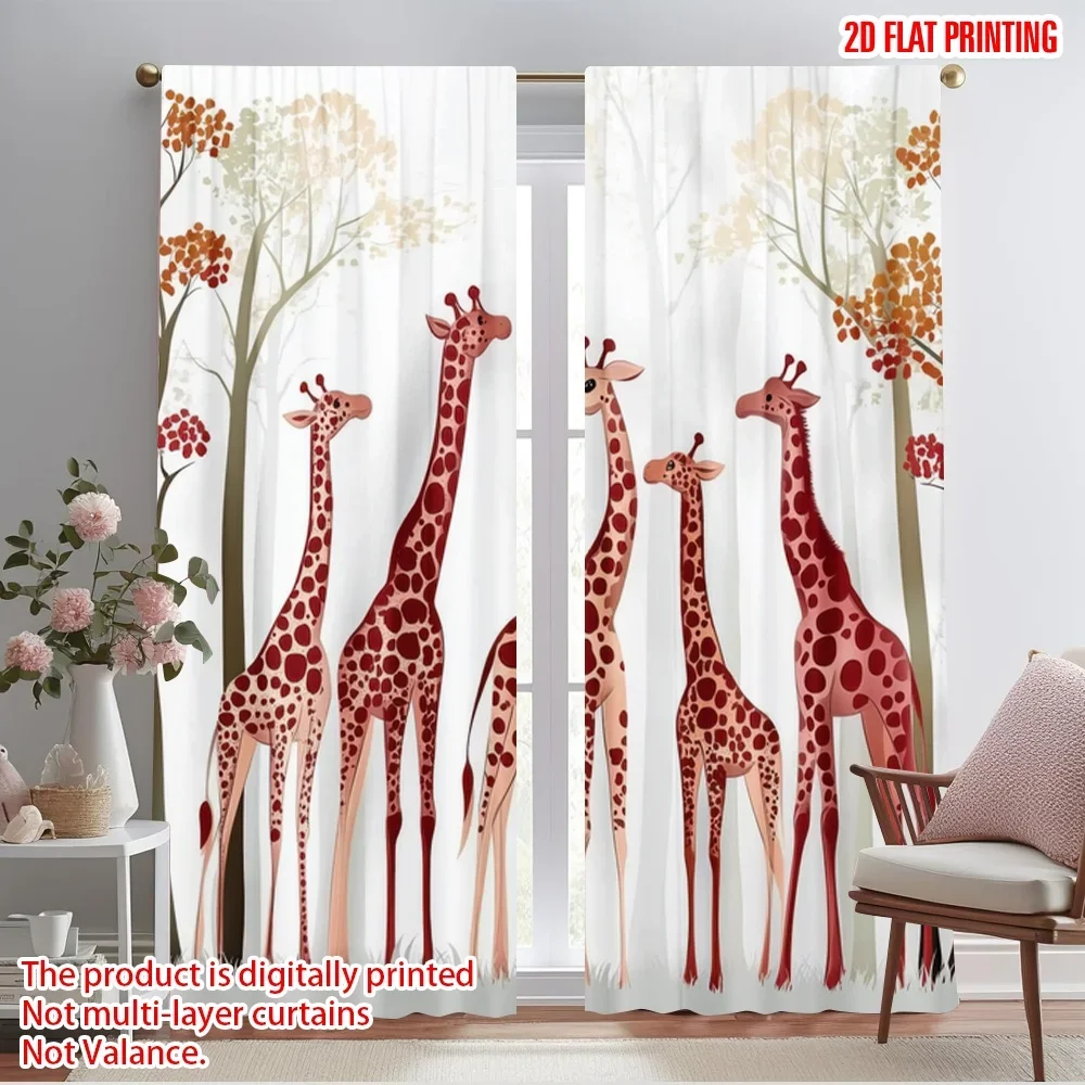 2pcs,2D plane printing Popular Curtains Giraffe Gathering Polyester Fabric (without rod) Outdoor Decorations Perfect for Living