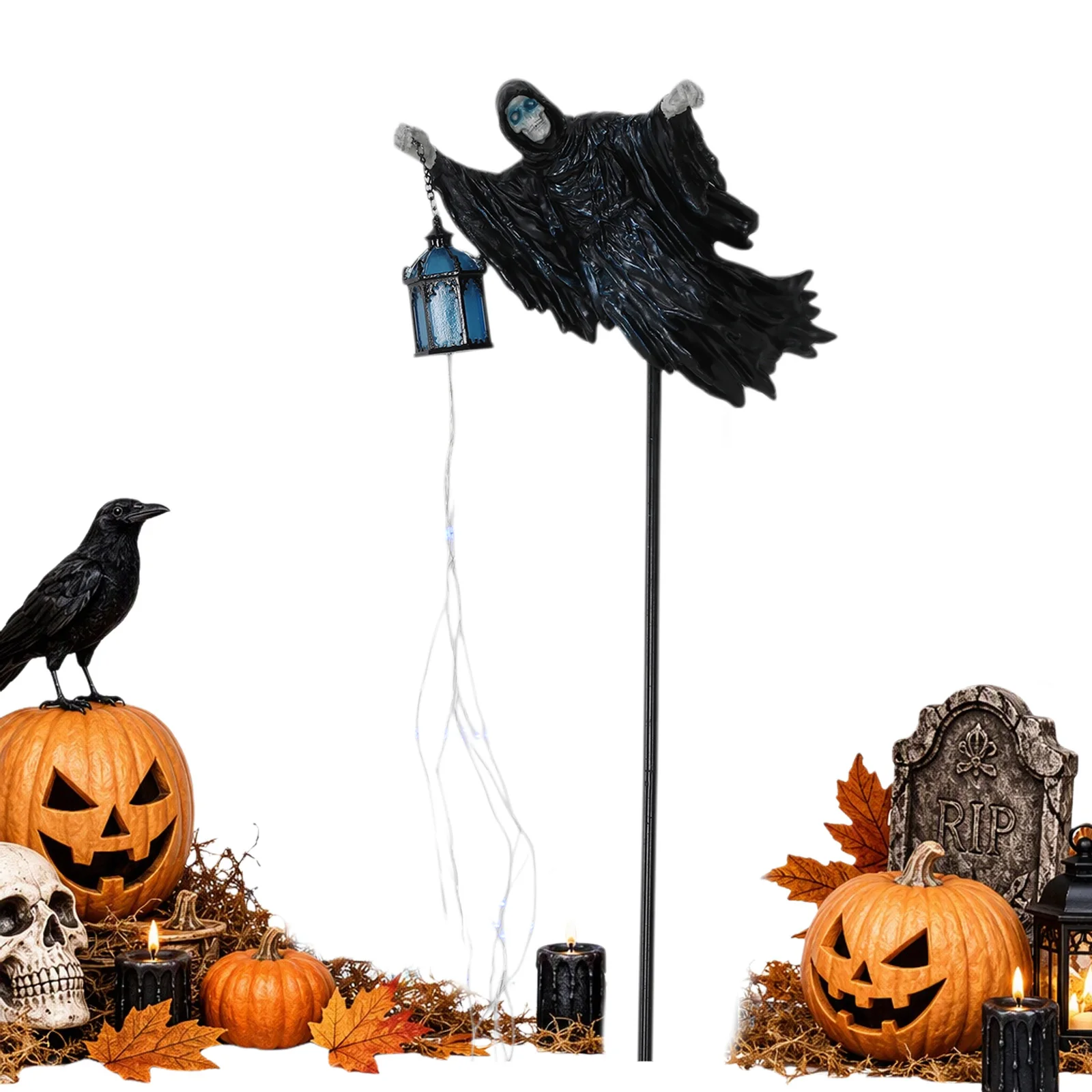 Skull Yard Stake Light Gothic Lantern Halloween Garden Party Decor Glowing Ghost Soul Rising Effect