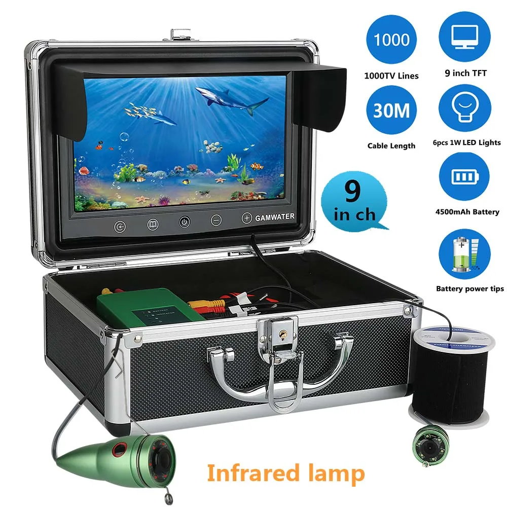 9 Inch Color Display 30M Cable 1000tvl Underwater Fishing Video Camera with 6 PCS Infrared Lamp for River Sea Lake Fishing