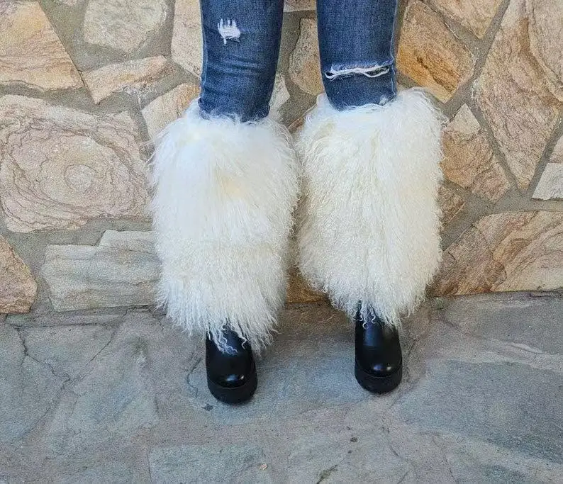 Custimzied size Real Mongolian Fur leg cuffs, leg warmers boot view 4