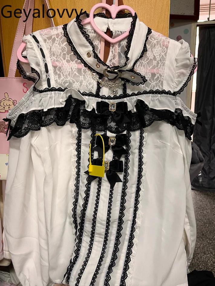 

Japanese Style Mass-Produced Collar Stand Collar Off-Shoulder Lace Versatile Top Summer New Sweet Girl Bowknot White Shirt