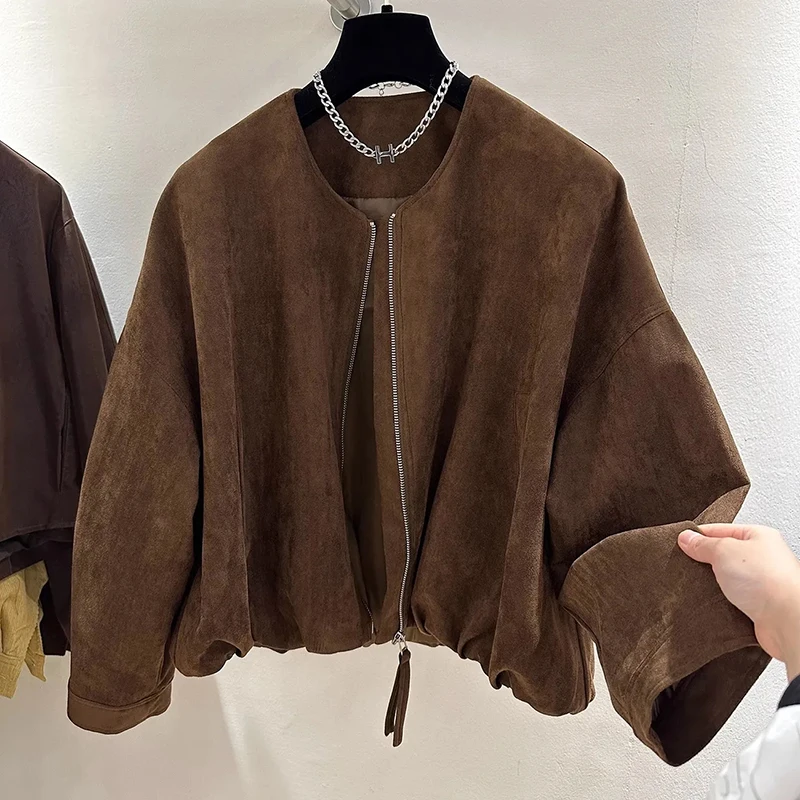 Outono vintage jaqueta com zíper feminino manga longa o pescoço streetwear casacos soltos sólido simples casual retro preppy feminino novo outwear