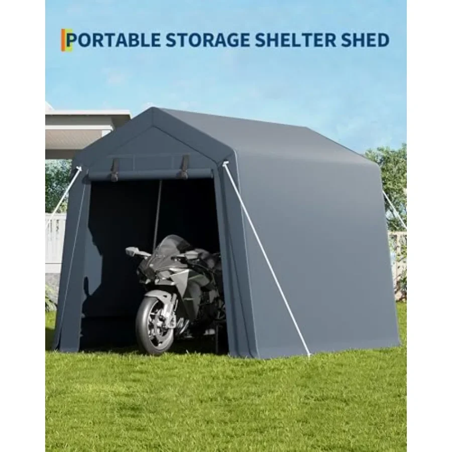 Heavy-Duty 7x10 FT Outdoor Storage Shelter, Waterproof UV-Resistant Polyethylene Gray Carport Garage with Dual Roll-Up Zipper D