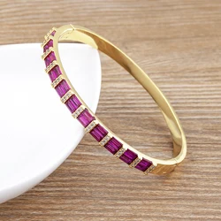 Nidin New Luxury Geometric Zircon Bracelet Bangles Women Pink Green Blue Crystal Cuff Elegant Wedding Party Statement Jewelry
