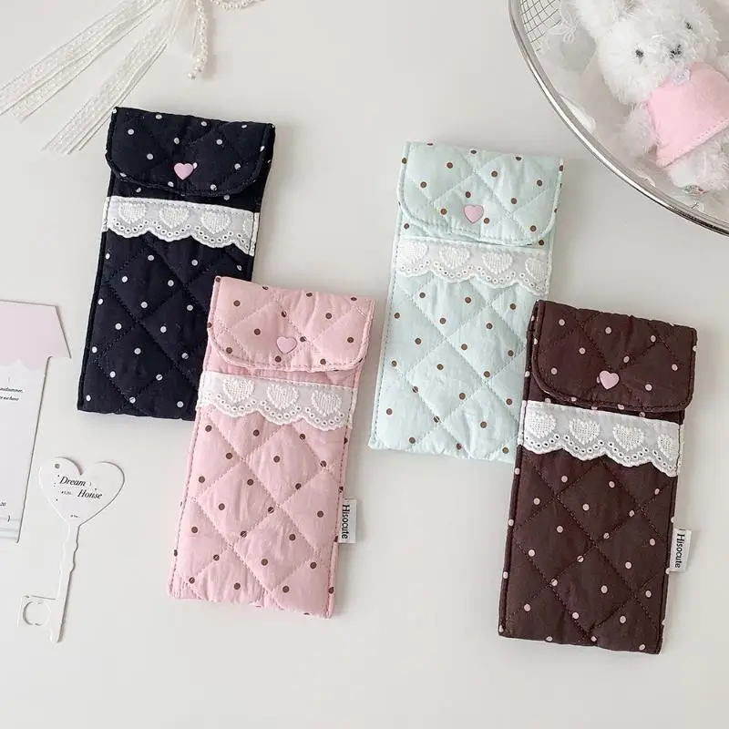 Niedliches Stiftetui mit Polka-Dot-Muster, gesteppte Brillentasche mit Spitzenbesatz, weiches Schutzfutter, tragbare Aufbewahrungstasche, Schreibwaren-Tasche – Detail 11