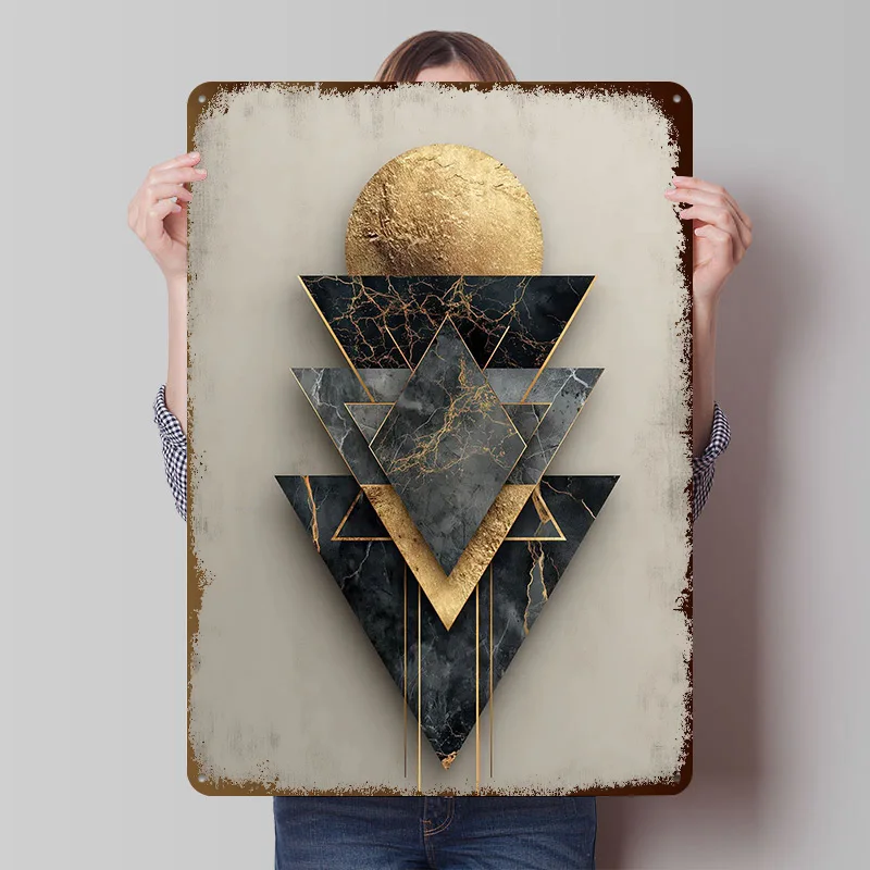 Geometric Kintsugi: Gold & Black Marble Triangles Tinplate Posters Customizable Wall Art Retro Vintage Metal Signs for Home Room