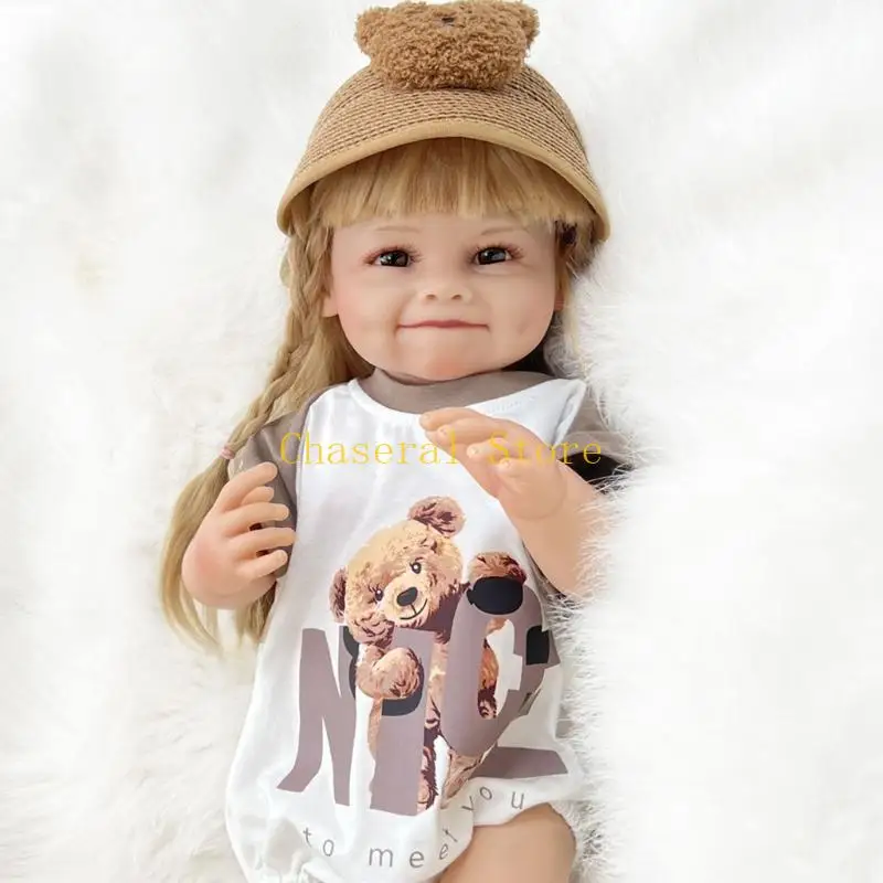 E7CE 인형 Reborns 웃는 보조개 인형 긴 금발 머리 부드러운 비닐 바디 소녀 인형 어린이 선물 21''