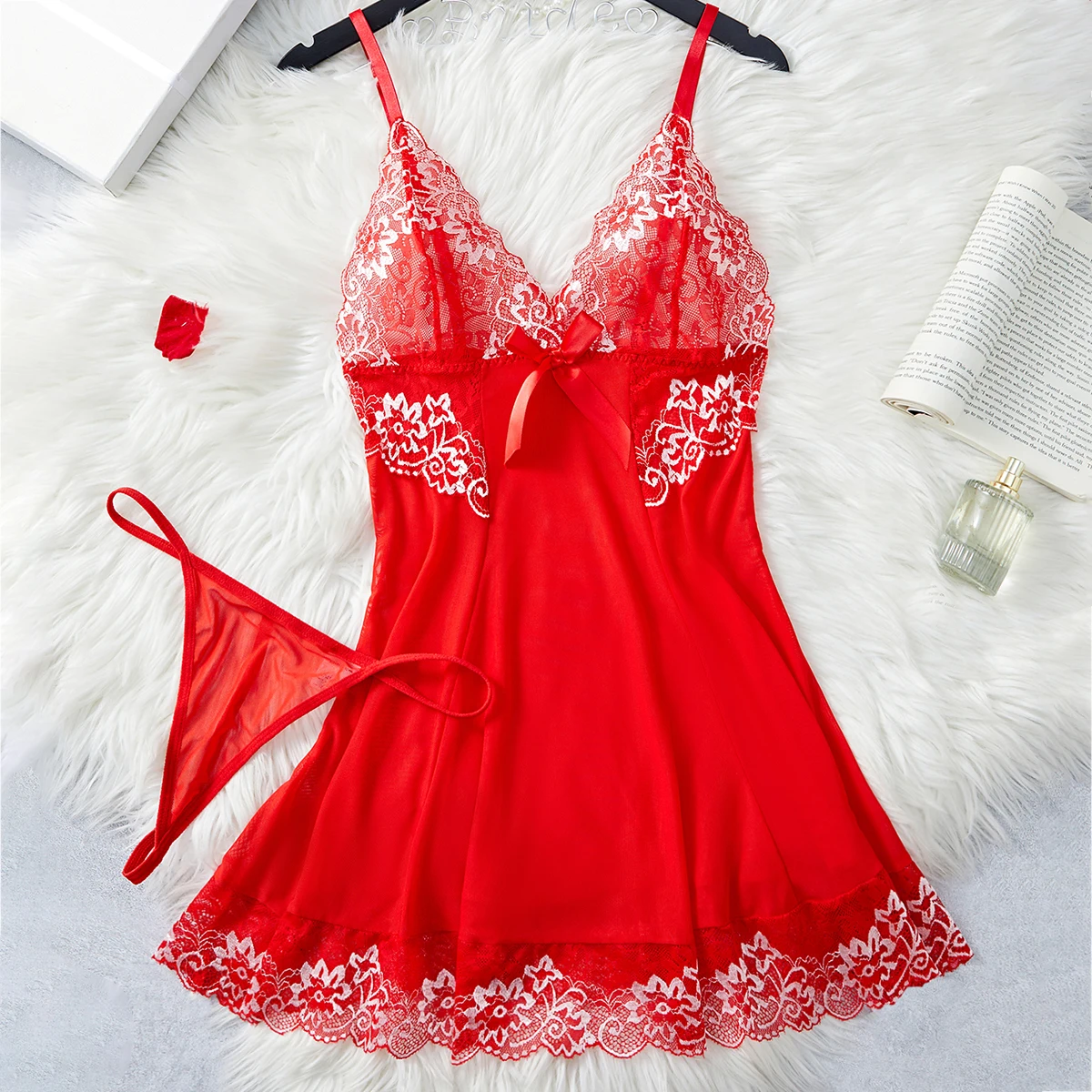 Red Contrast Mesh Lace Lingerie Set Deep V Transparent Slip Nightdress & Thong Pijamas Set Women's Sexy Lingerie Adult Nightwear