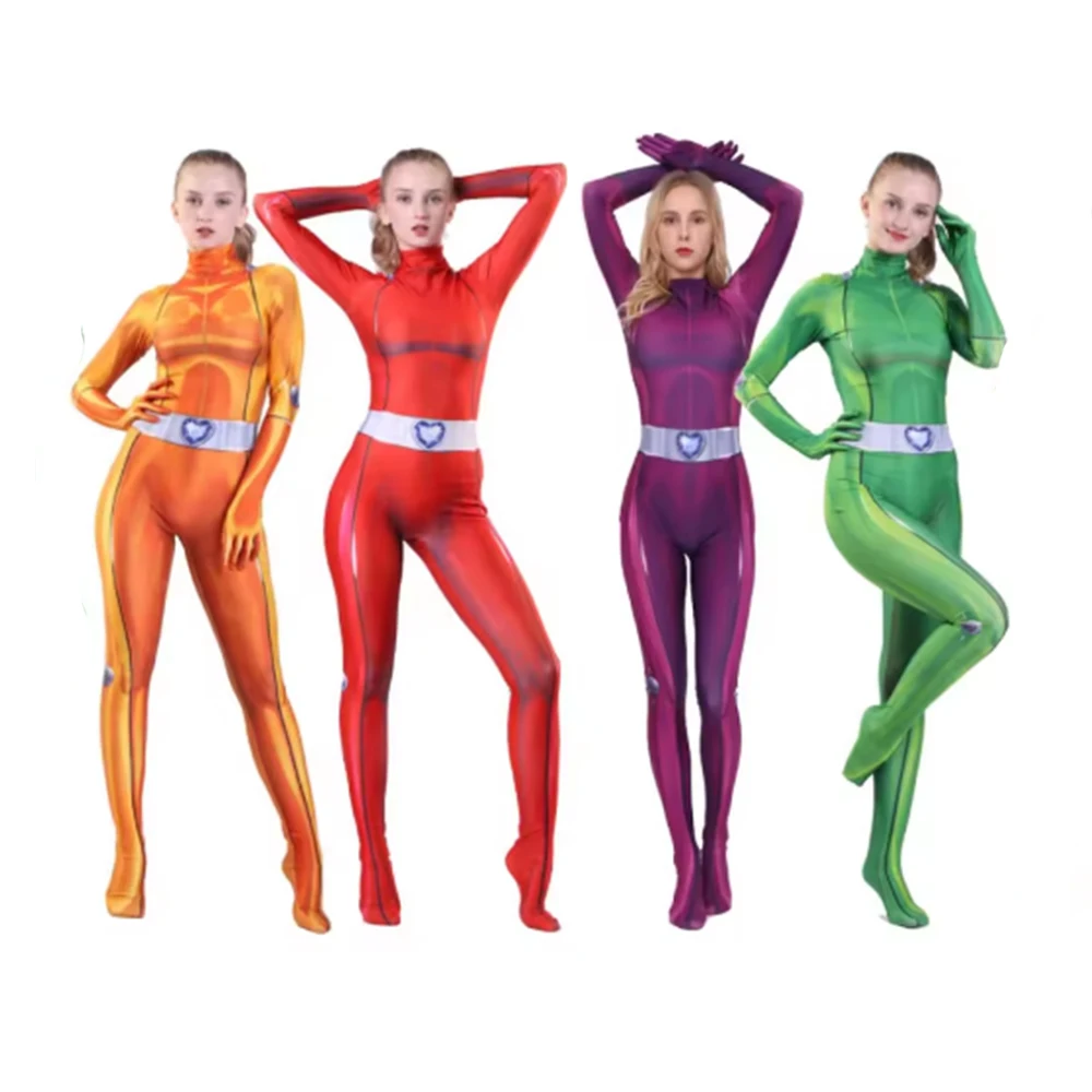 أزياء T-Totally Spies التأثيرية Zentai بدلة فتاة النساء للهالوين أنيمي البرسيم Ewing سامانثا سيمبسون ألكسندرا كرنفال جزء