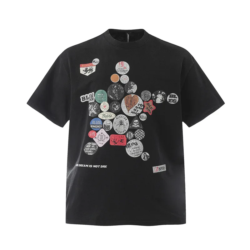 Men's High Street Printed T Shirts Summer Short Sleeve Painted Tees Washed Vintage Loose Fit Y2K Tshirt Tops