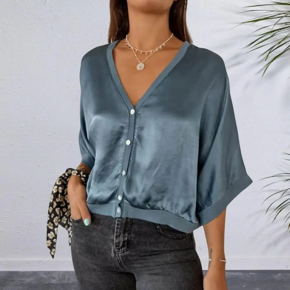 Women Solid Color V-neck Top Elegant Satin V-neck Women's Shirt Loose Fit 3/4 Sleeves Single Breasted Casual Top Satin Blouse