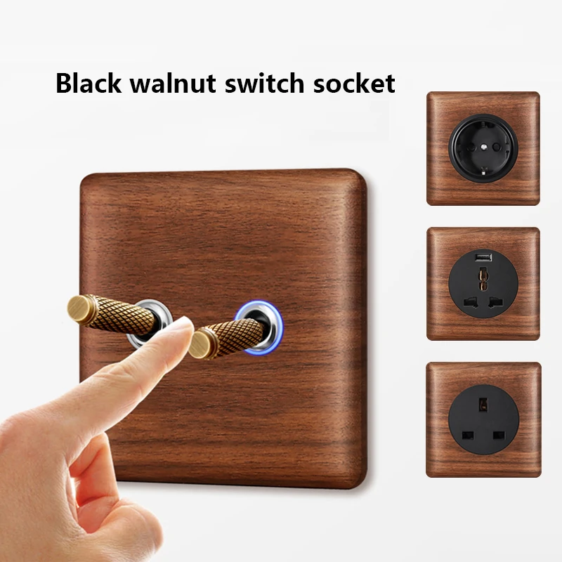 

Wood Brass Toggle Light Switch Panel Home Retro Wall LED Indicator EU FR UK Universal Electrical Socket Vintage Switch 86mm*86mm