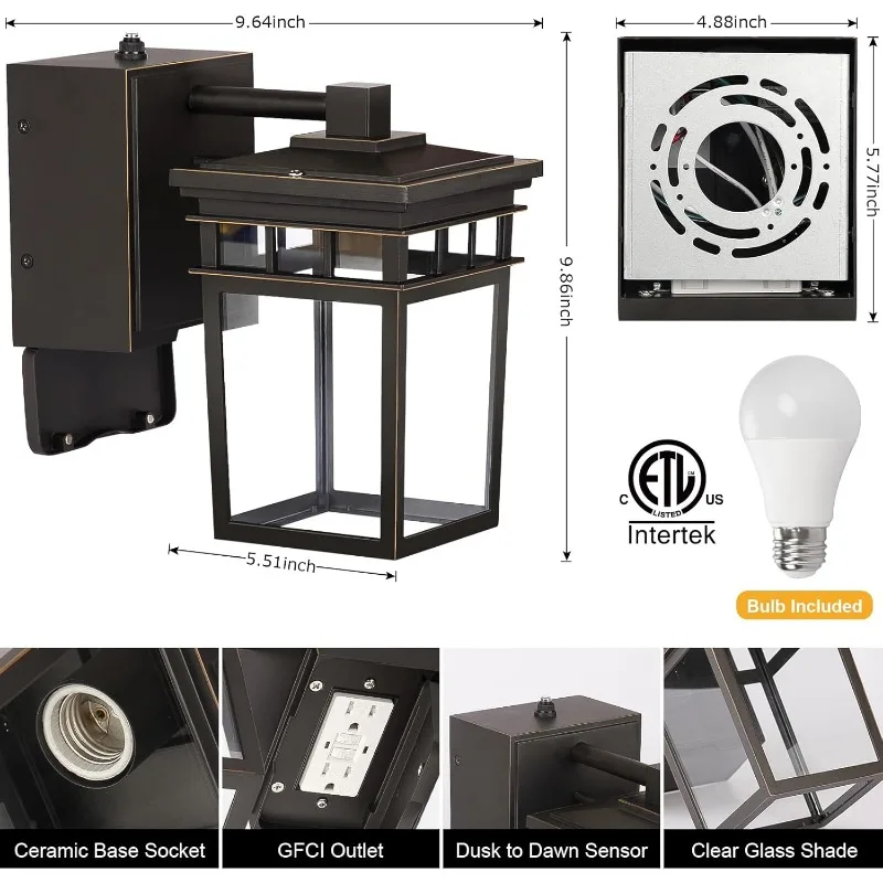 Porch Light with GFCI Outlet Built in, Dusk to Dawn Outdoor Light with Outlet