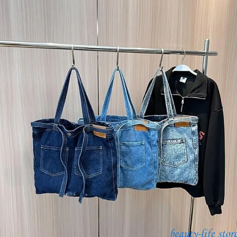 

Japanese Vintage Denims Shoulder Bag for Women Letter Embroidered Double Pocket Front Large Capacity Jeans Handbag 517D