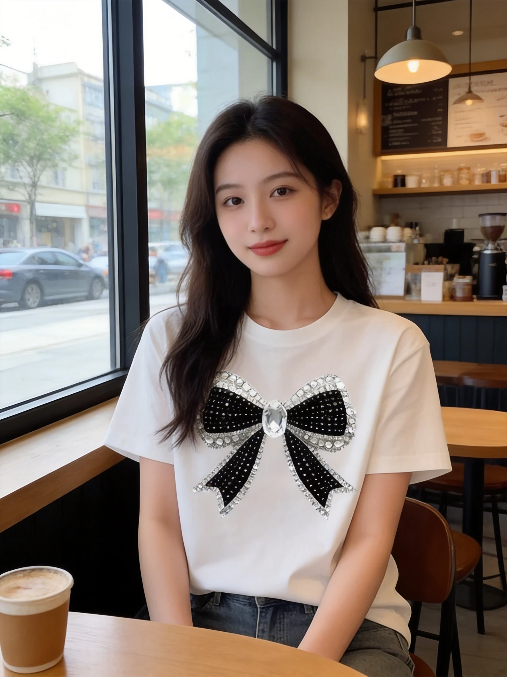 Women Rhinestone Bow Print T‑Shirt Round Neck Short Sleeve Diamond Hot Drill Decor Casual Sweet Girl Tee Top