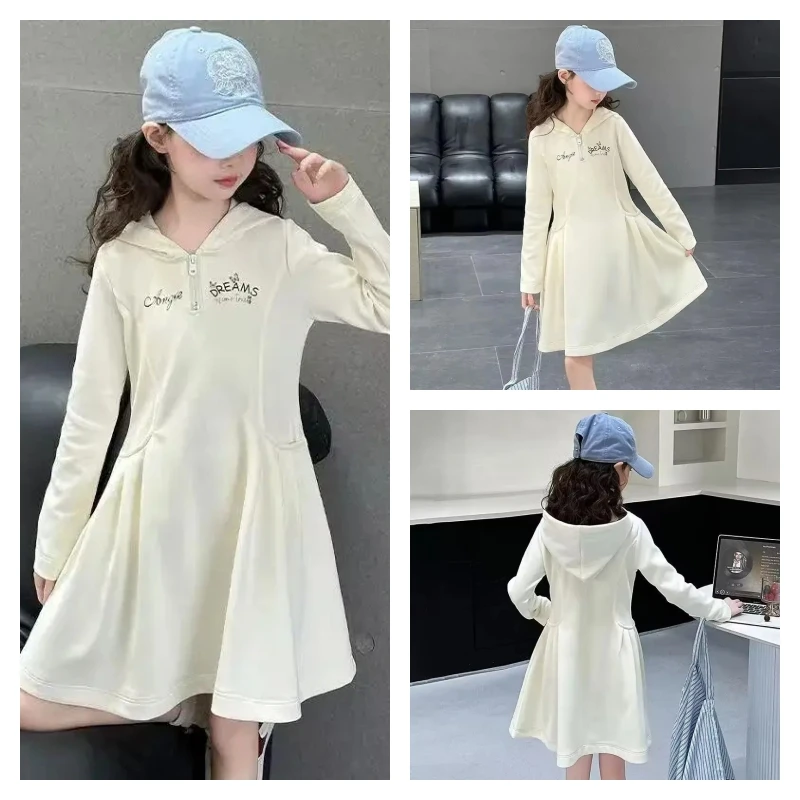 

Лидер продаж, модные топы для девочек, платье, студенческое весенне-осеннее повседневное спортивный костюм с длинными рукавами и капюшоном, юбка трапециевидной формы, детская одежда