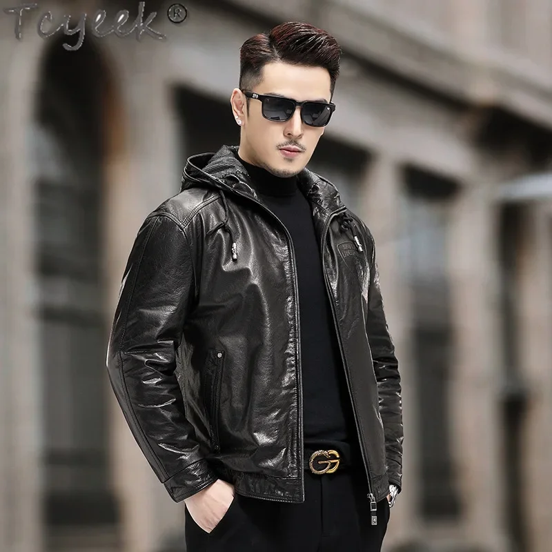 Tcyeek Real Leather Jacket Men Winter Autumn Clothes Hooded Cowhide Mens Coats Down Coat New Style Casaco Masculino 2024