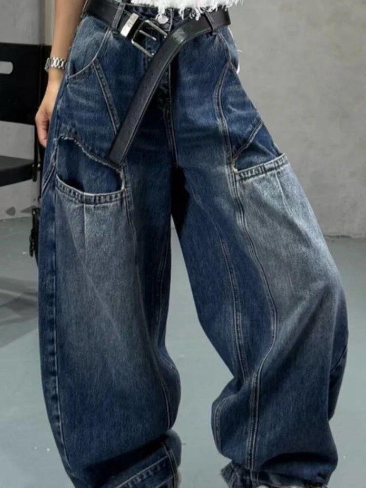 Otoño nuevo retro lavado patchwork jeans mujeres adelgazamiento cintura alta diseño suelto sentido curvo y pantalones de pierna ancha