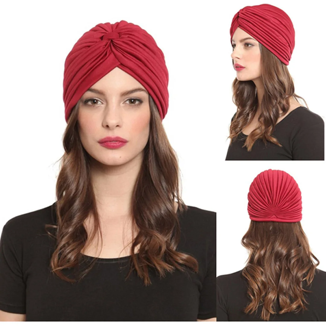 Turbante cruzado musulmán para mujer, gorro suave anudado con volantes, pañuelo para la cabeza, Hijab femenino, sombreros indios, gorro de quimio contra el cáncer