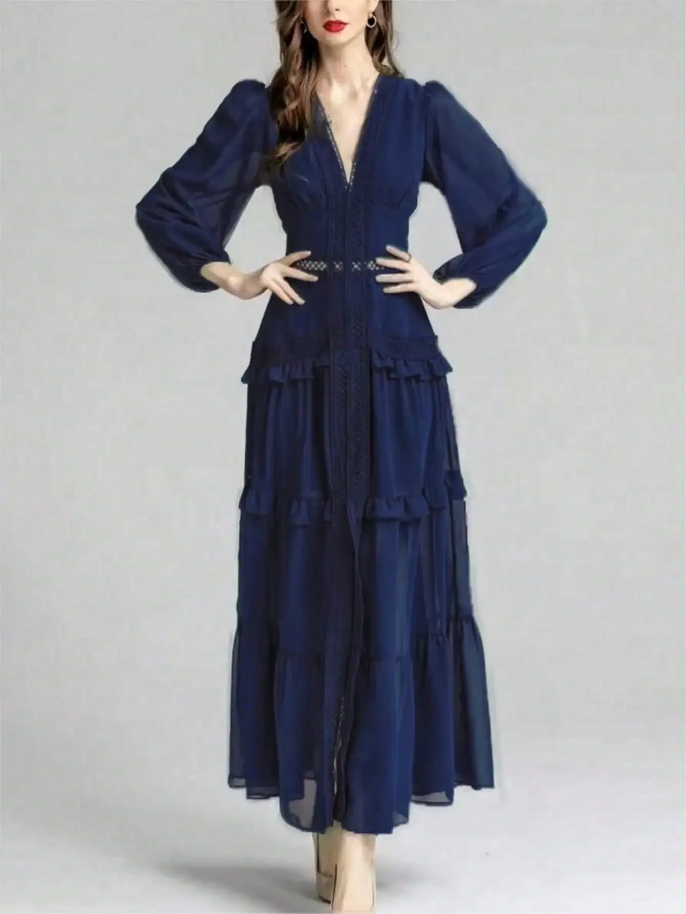 

Women Solid Ruffle Patchwork Maxi Dress Sexy Deep V-Neck Lantern Long Sleeve Hollow Out High Waist Dresses Lady Chic Robes