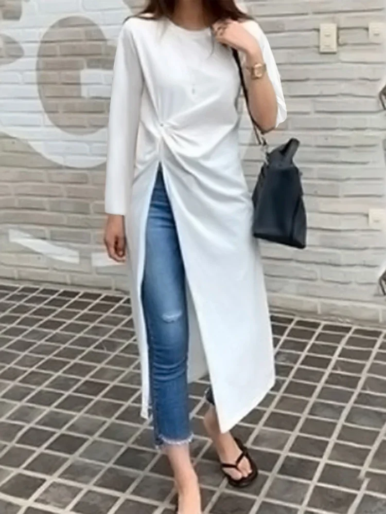 

ZANZEA Women Solid Blouses 2025 Summer Asymmetrical Long Tops Fashion Casual Long Sleeve Pleated O-Neck Loose Shirt Split Blusas