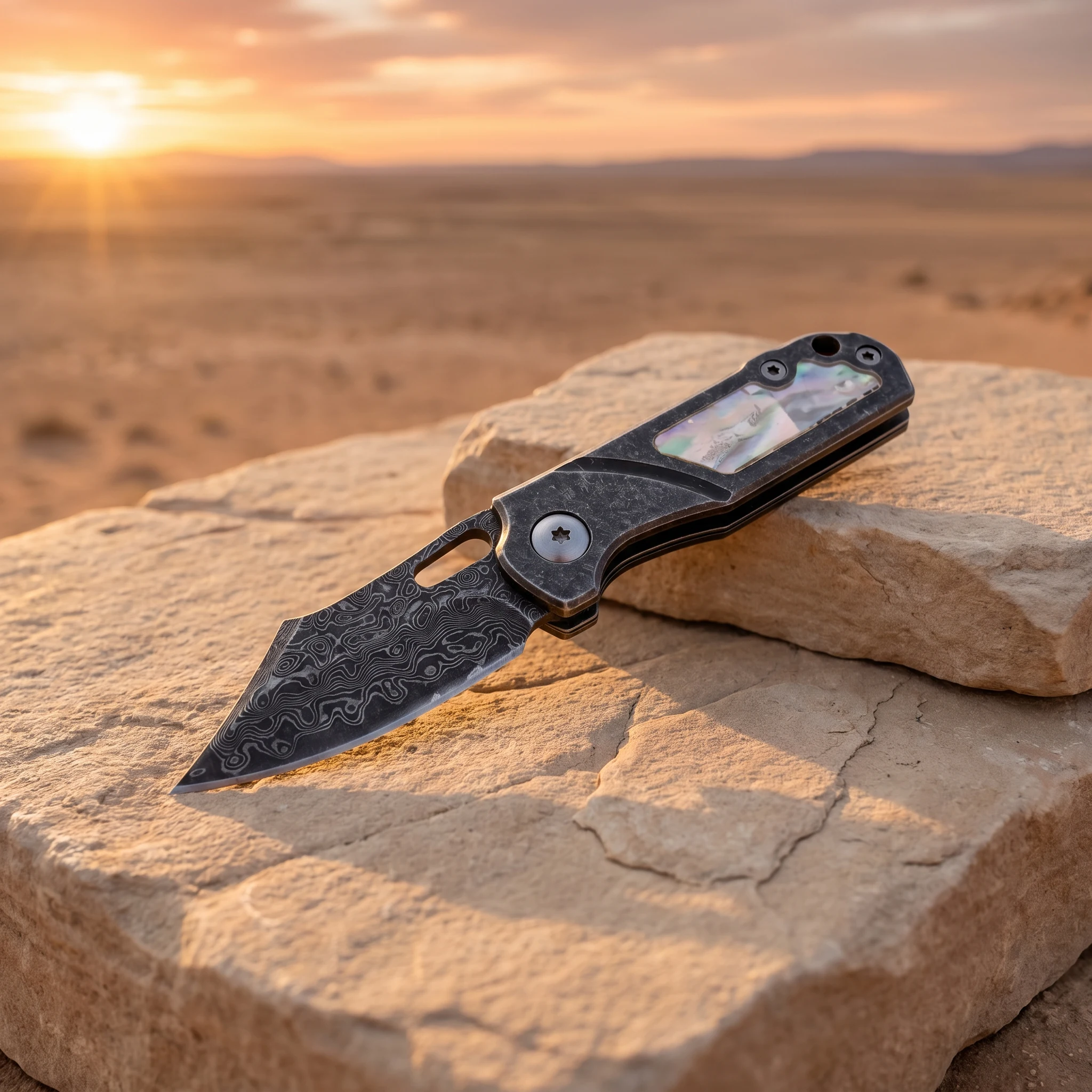 Folding Pocket Knife Damascus Pattern Steel Blade 420 Steel Frame Mother‑of‑Pearl Inlay Handle, Outdoor Portable EDC Daily Carry