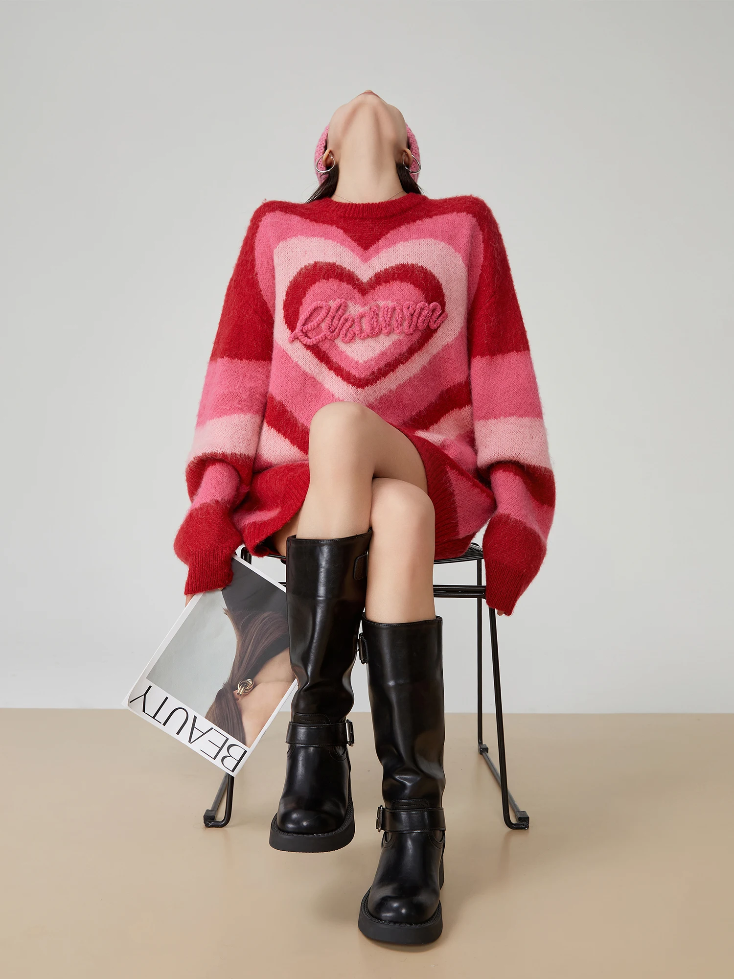 

Pink Heart Knitted Sweater Women's Spring New Sle Korean Lazy Sle Knitwear Trendy round Ne Long Sve Loose Fit Top