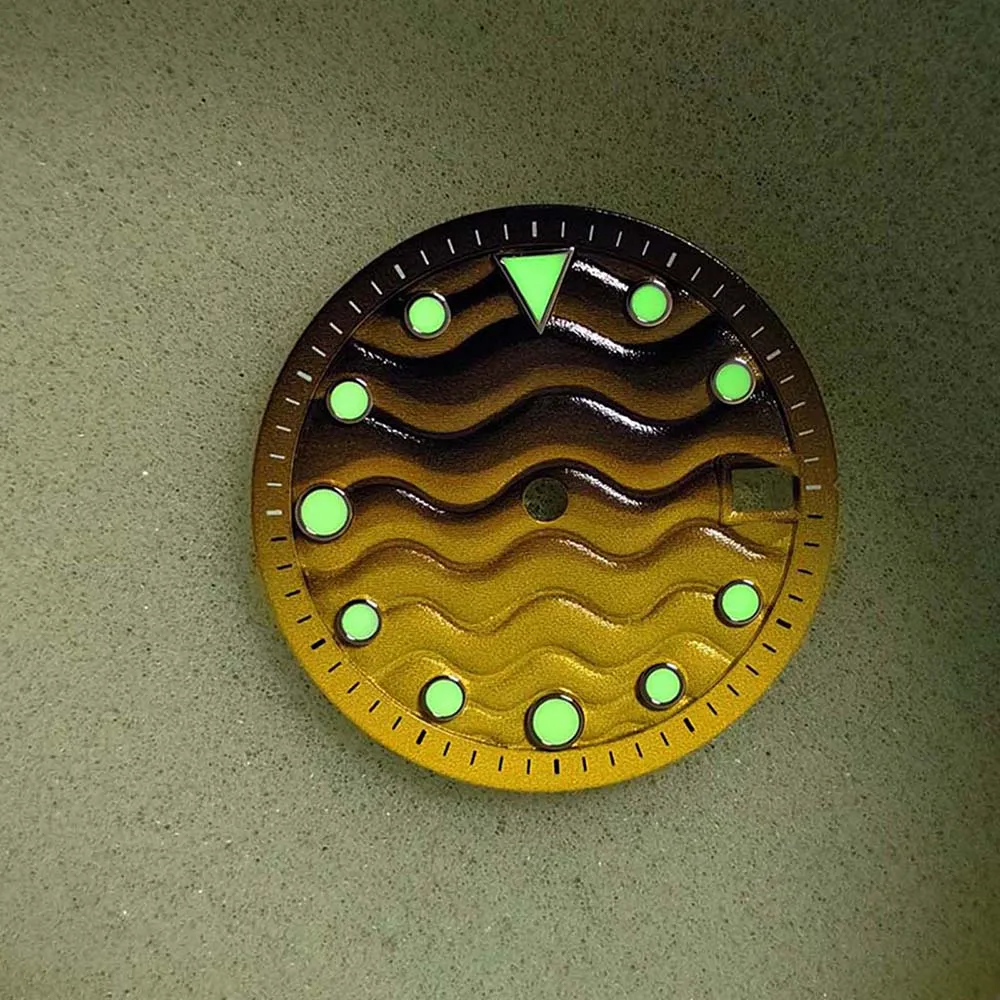 Cadran de montre 28.5mm, pour mouvement NH35 NH36 7S, clous argentés, cadran lumineux vert NH35, calendrier unique, vague, accessoires pour le visage