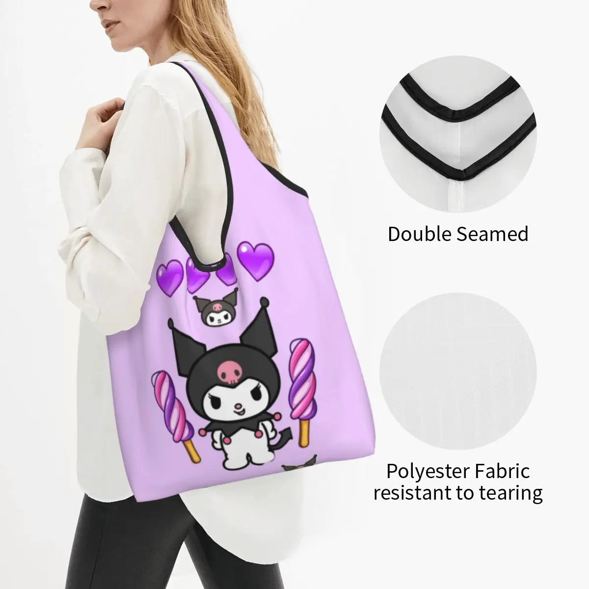 Custom Cute Printing Kuromi Cartoon Anime Tote Shopping Bag Portable Shopper Shoulder Handbag