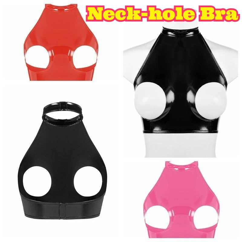 

Women Sexy Red High Gloss Patent Leather Hollow Out Bra Halter Neck Hook Loop Backless Thin Elastic Plus Size Nightclub Party