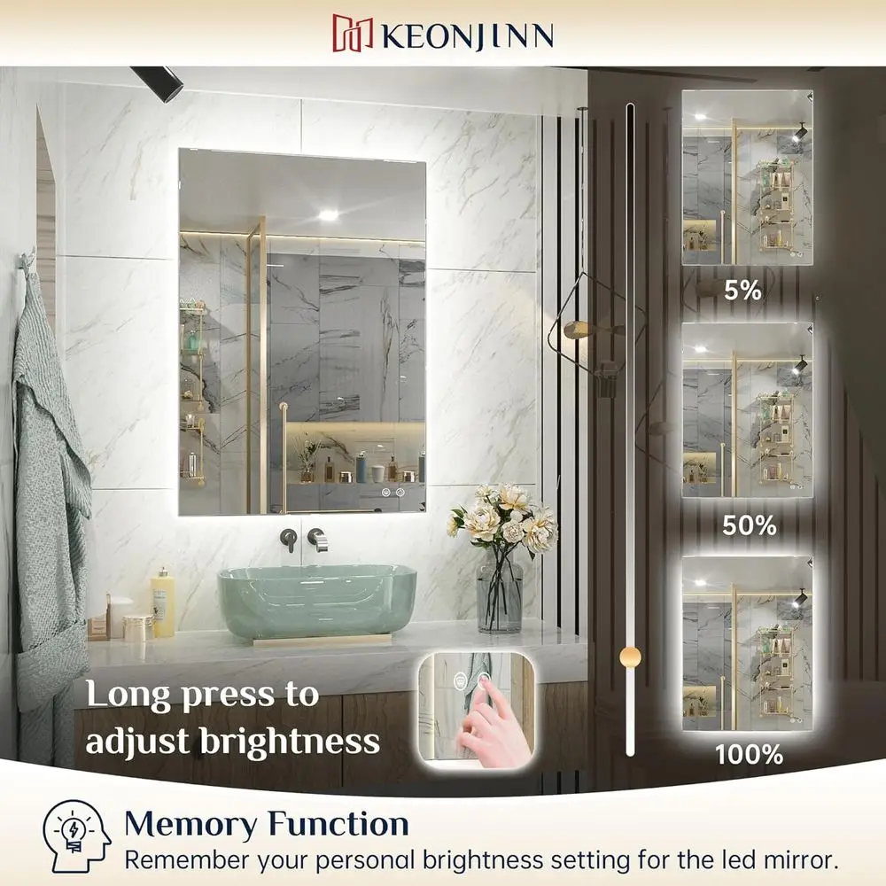 Miroir de salle de bain LED antibuée rétroéclairé, 24 x 40 pouces, verre trempé HD, variable en continu, haut CRI90 +, certifié UL, étanche