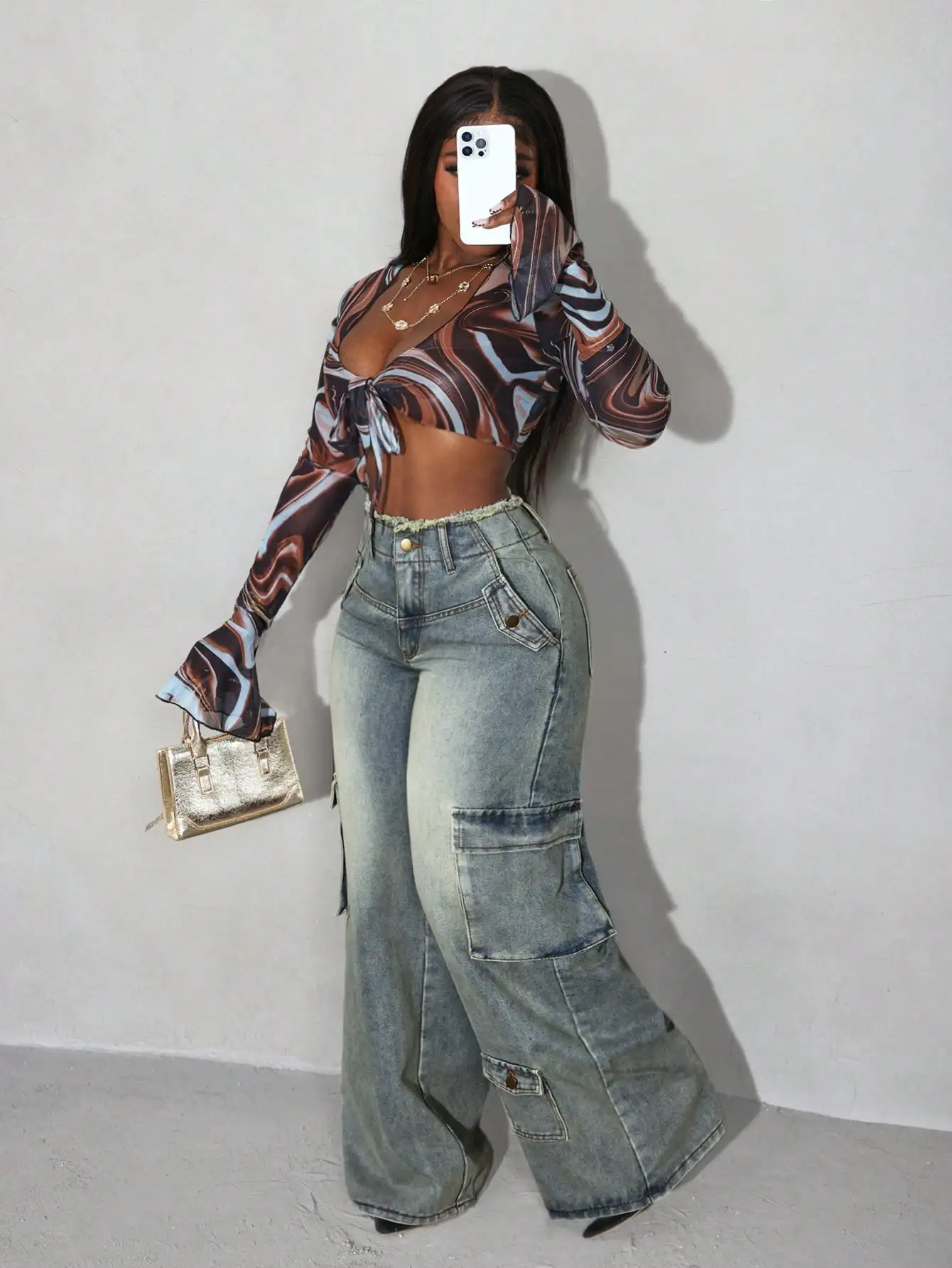 

Plus Size Women's Loose Fit Cargo Jeans with Frayed Waistband, High Waist Wide Leg Denim Pants