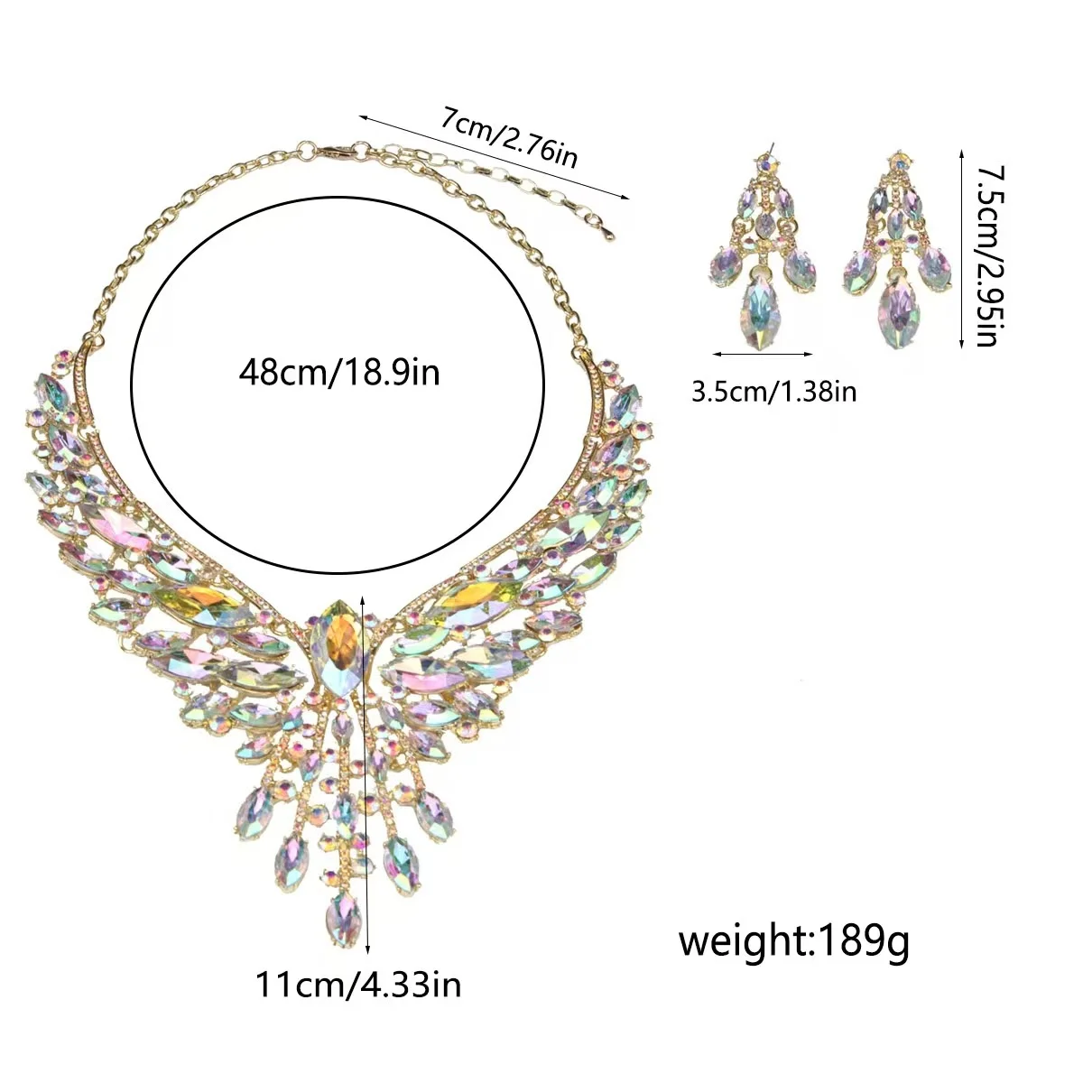 2 pieces of multi-color inlaid crystal electroplated alloy necklace and ear ring set. Wedding accessories. Gift for wife.