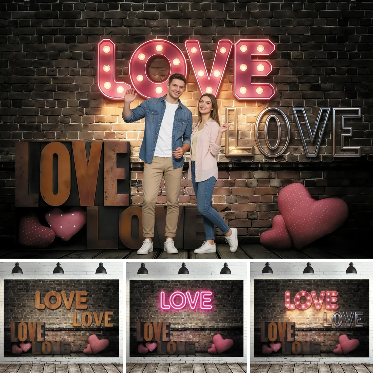 

Valentines Day Backdrop Vintage Brick Wall Neon Sign Love Heart Balloon Background Party Decoration Portrait Photo Booth Prop