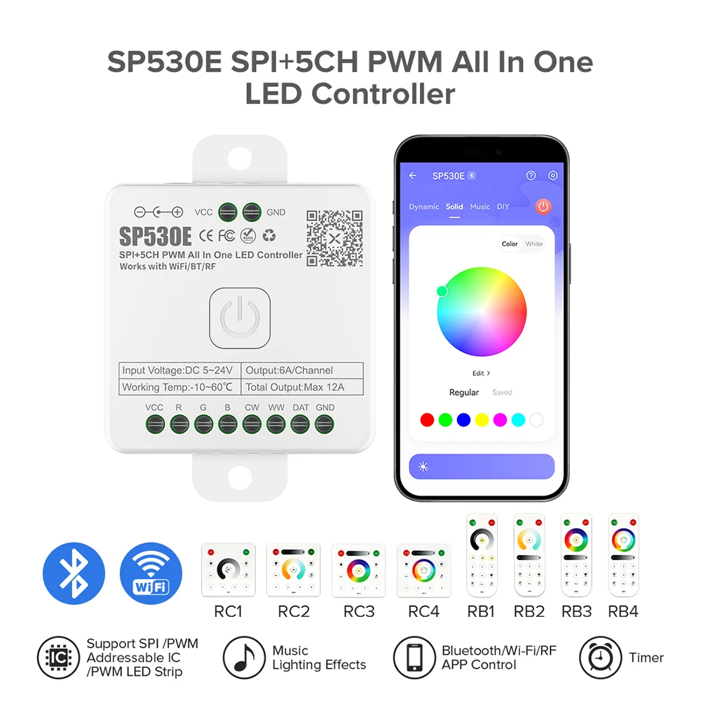 SP530E All In One LED Controller Wifi Alexa Google Home BT 5CH PWM SPI Pixels LED Strip Light WS2811 WS2812B SK6812 FCOB 5V-24V