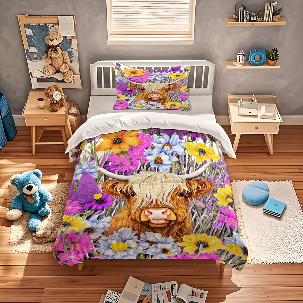 Highland Cow Wildflower Duvet Cover Set Colorful Wild Floral Scottish Highland Cow Bedding Set Twin / Full / Queen / King Size