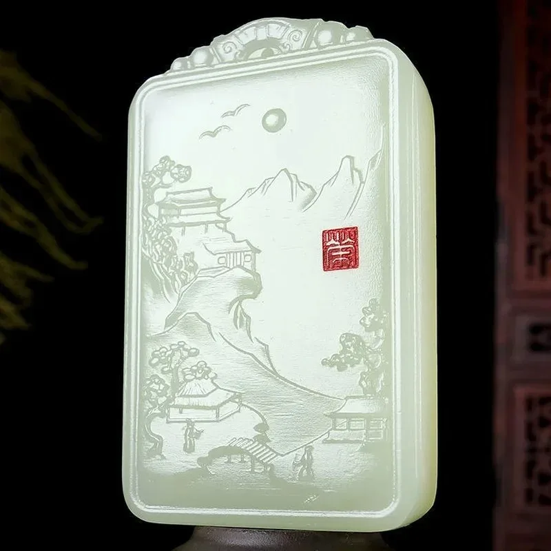 Natural Chinese Sapphire Hand Carved Landscape Pendant Fashion Boutique Jewelry Men and Women Necklace Popular Gift
