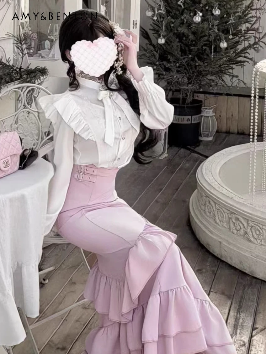 

Japanese Mine Series Fake Two-Piece Ruffle Skirt Sets Long Sleeve Shirt Mermaid Skirt Romantic Atmosphere Lolita Style Outfits