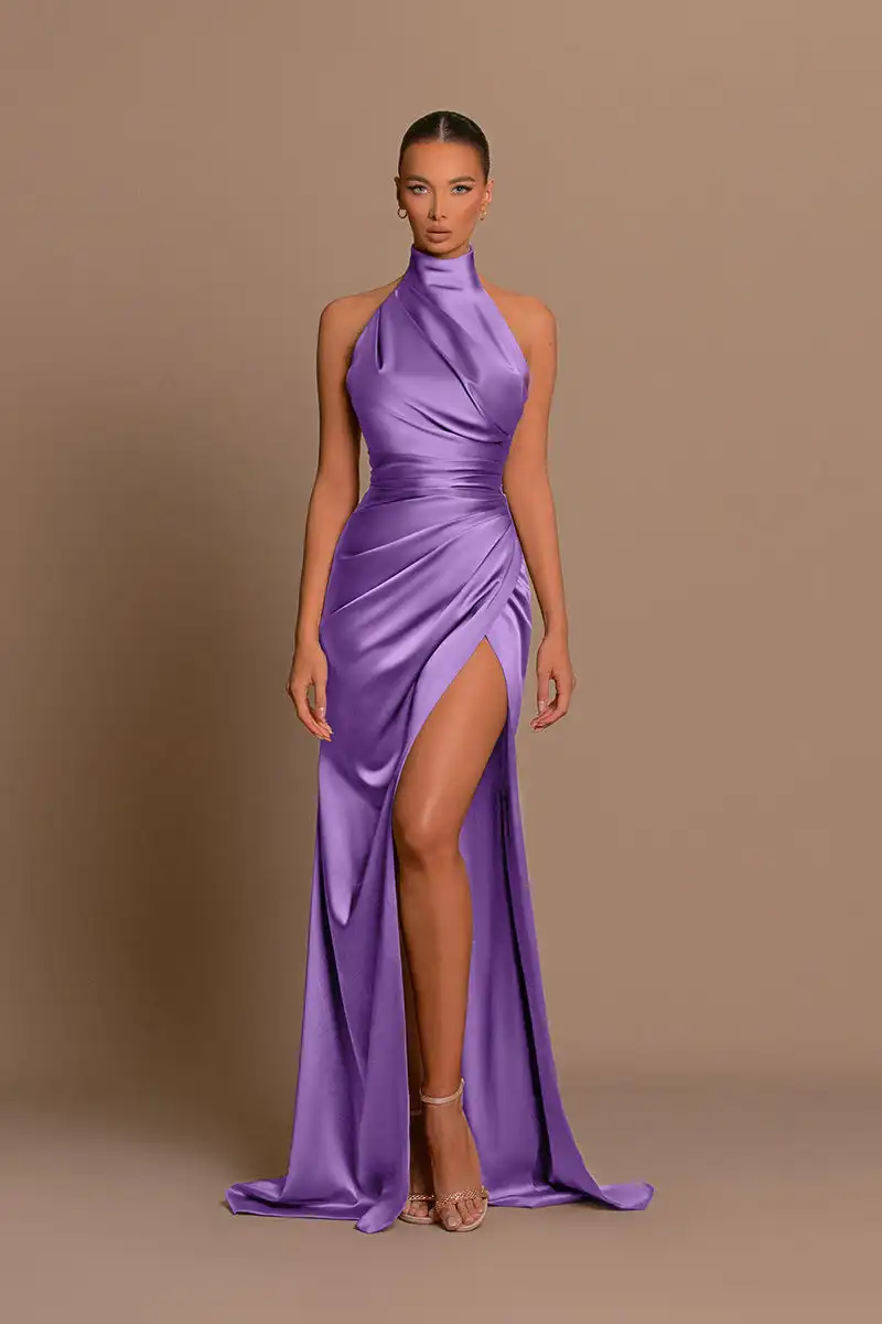 Vestido de casamento, colar redondo, cetim, vestido de dama de honra, alta divisão, sem encosto, festa, férias, baile, em estoque