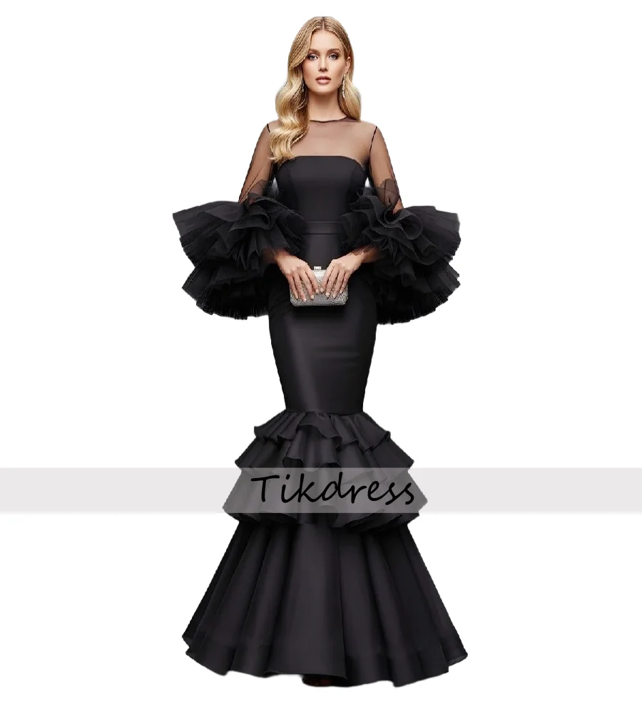 

Graceful Black Evening Dresss 2026 Elegant Mermaid Flare Sleeve Prom Dress Satin Ceremony Formal Wear Tiered Ruffles Party Gowns