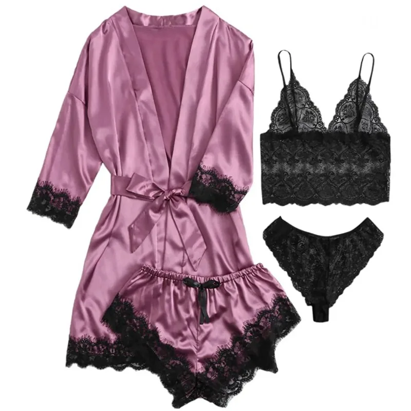 Women Fashion Pajama Print Sexy Lace Trim Faux Silk Satin Pajama Set Gown Skin Friendly Comfort Loungewear Sexy Pajamas