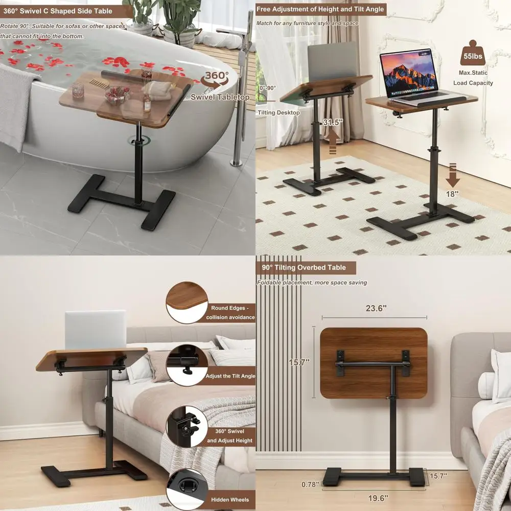 

C-Shaped Swivel Side Table with Laptop Stand, Mobile Couch End Table, Rolling TV Tray - Walnut