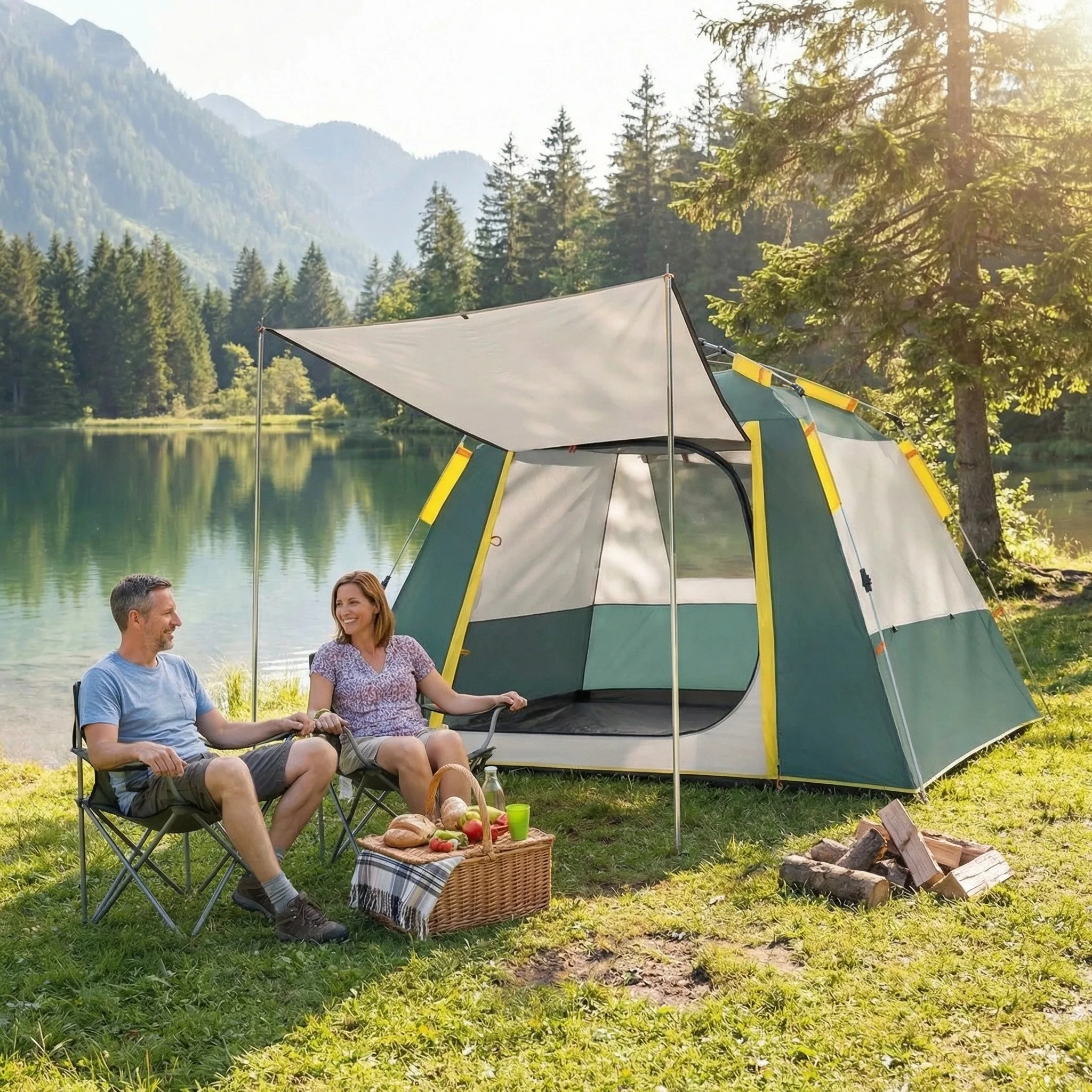 Automatisches Sofort-Aufbau-Campingzelt, 1-2/2-4 Personen Ganzjahreszelt mit Doppeltüren & Netzfenstern, Winddicht Leichtgewichtig Grün